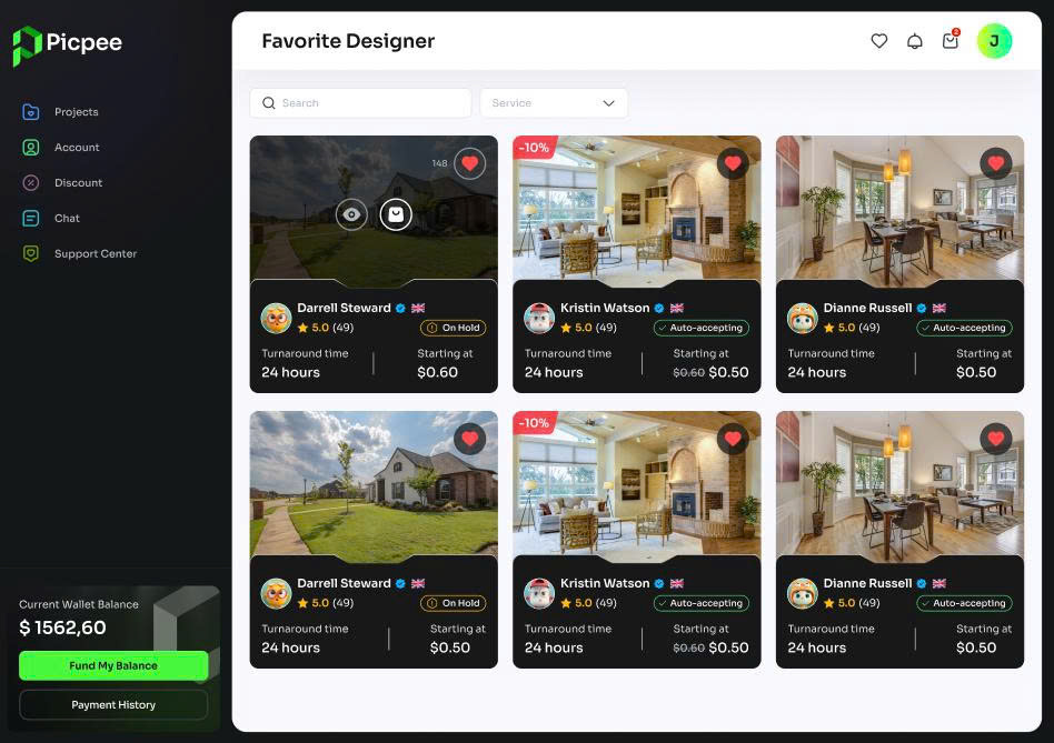 Favorite vendors interface with heart icons