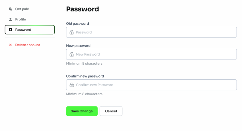 Password change interface in profile settings