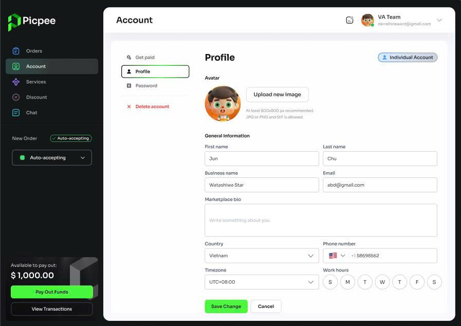 Create Picpee provider profile interface